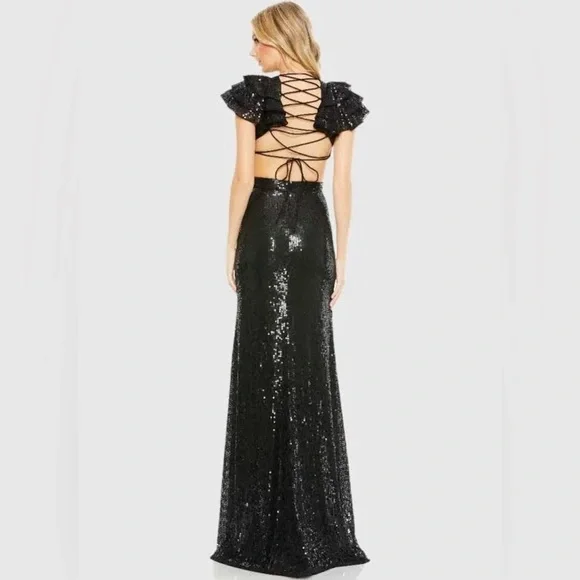MAC DUGGAL Black Ruffle Shoulder Sequin Embellished Gown - Picture 3 of 4